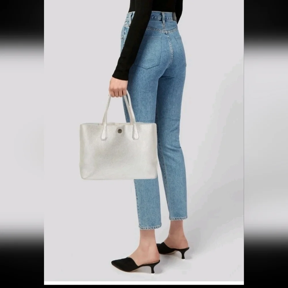 Tory Burch Silver Metallic Pebbled Leather Perry Large Tote Bag